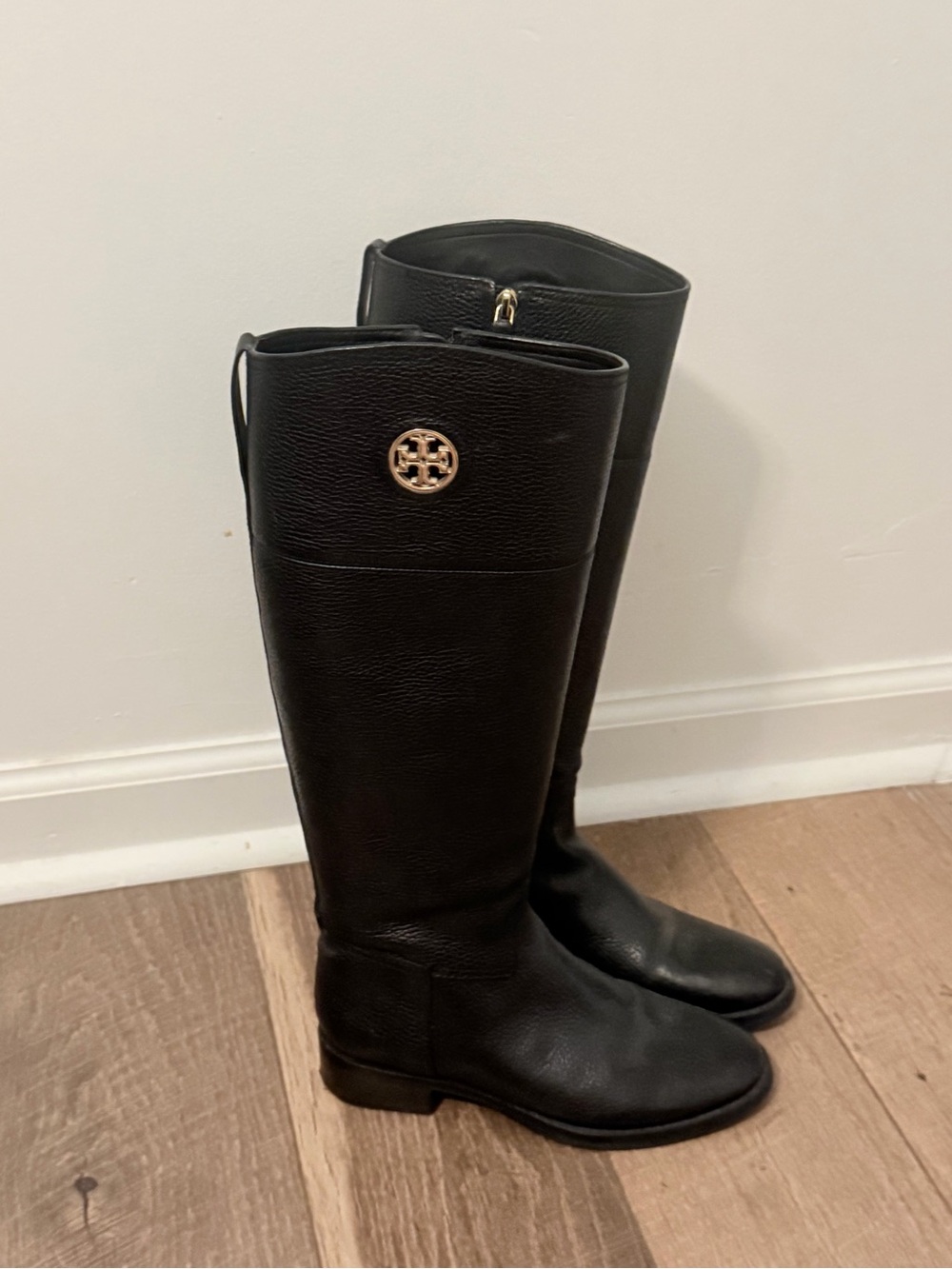 Tory Burch Black Leather Tall Logo Riding Boots